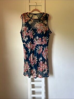 Floral Chiffon Sleeveless Dress - Navy with Pink Blooms